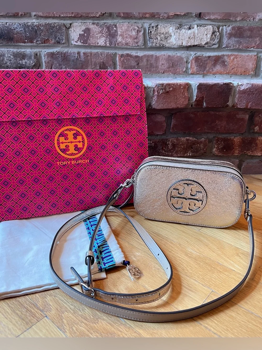 Tory Burch Gold Leather Miller Mini Metallic Crossbody Bag